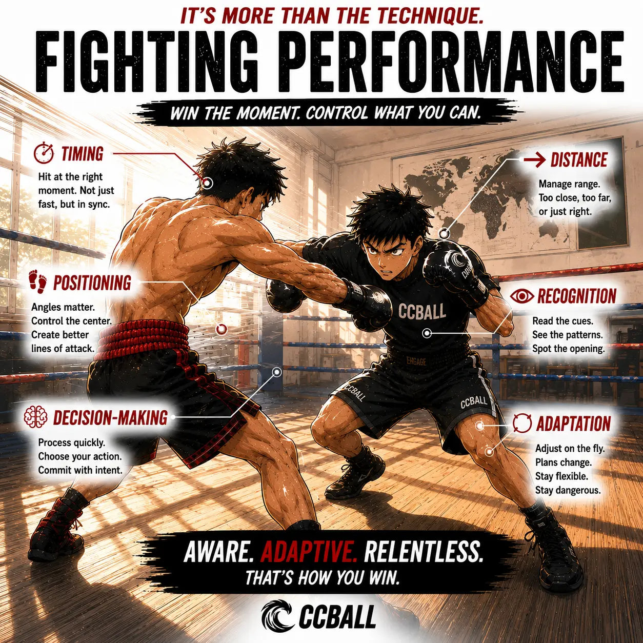 Sports manga sparring illustration showing two fighters exchanging punches with labels for timing, distance, positioning, recognition, decision-making, and adaptation.
