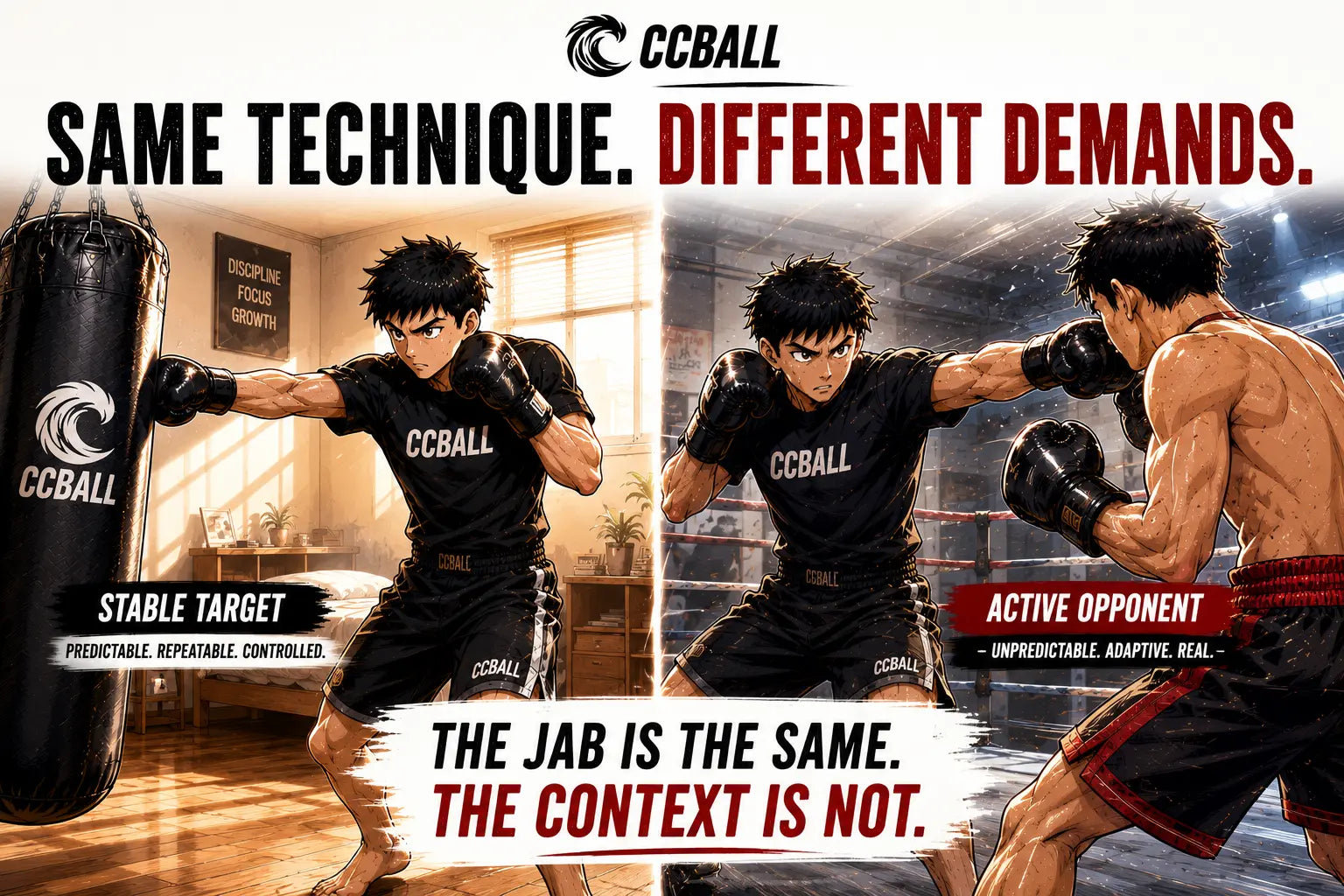Sports manga boxing illustration comparing a fighter throwing a jab at a heavy bag with the same fighter jabbing during sparring, showing the difference between stable target training and active opponent demands.