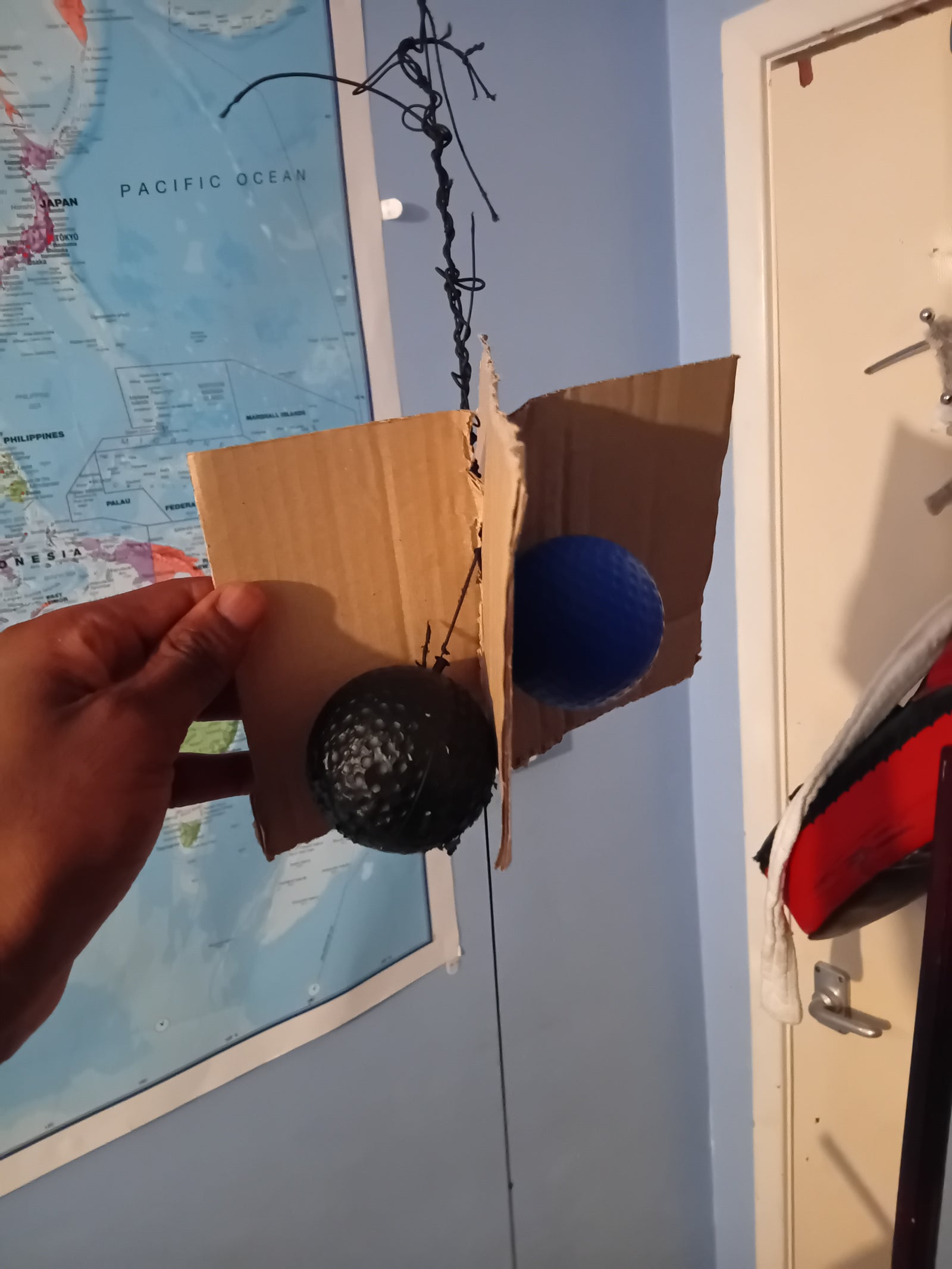 Over the years, I have experimented with the ccball to emphasise different aspects of my skills. The cardboard in this prototype of the ccball was done to encourage me to use footwork and/or strike at more diverse positions.