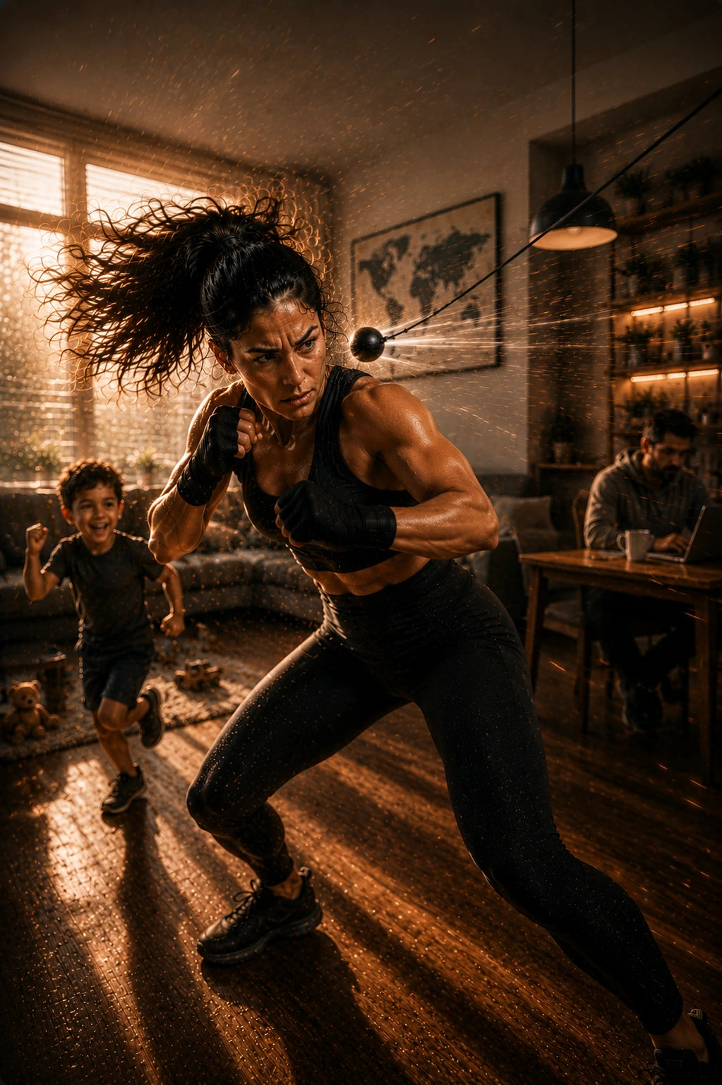 Woman training around life at home